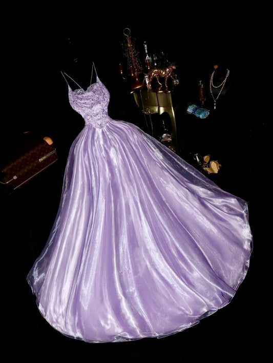 Elegant Ball Gown Spaghetti Strap Lilac Tulle With Corset Fitted Back Long Prom Dresses Formal Outfits Evening Night Dress RB8262