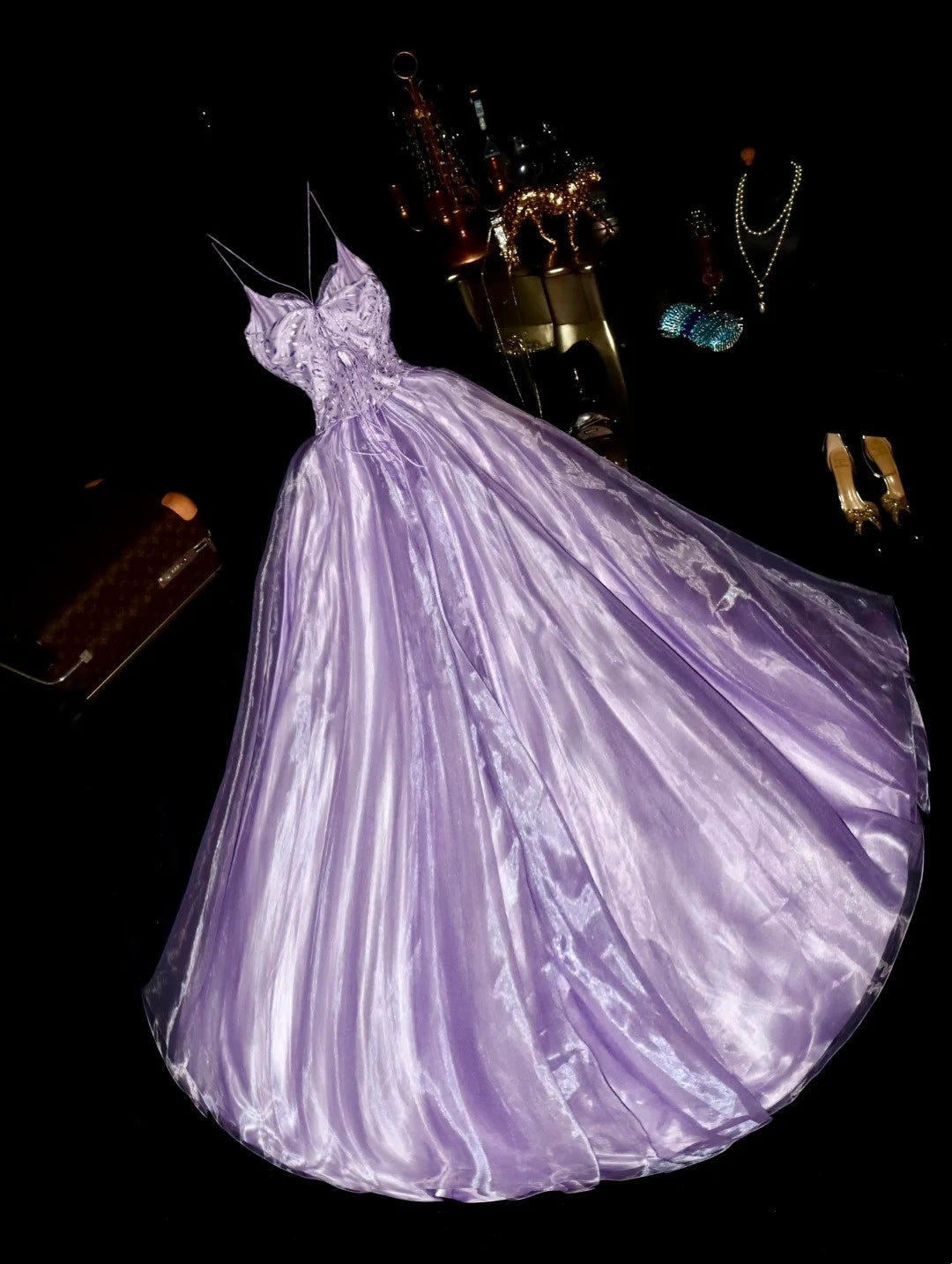 Elegant Ball Gown Spaghetti Strap Lilac Tulle With Corset Fitted Back Long Prom Dresses Formal Outfits Evening Night Dress RB8262
