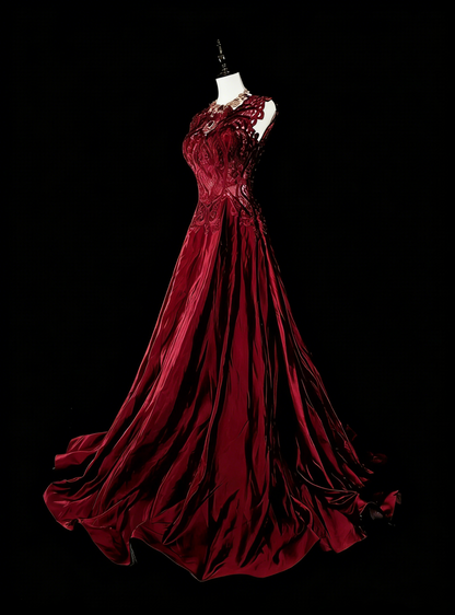 Robe de bal rétro années 70, coupe trapèze, décolleté rond, dentelle bordeaux, sans manches, N1486
