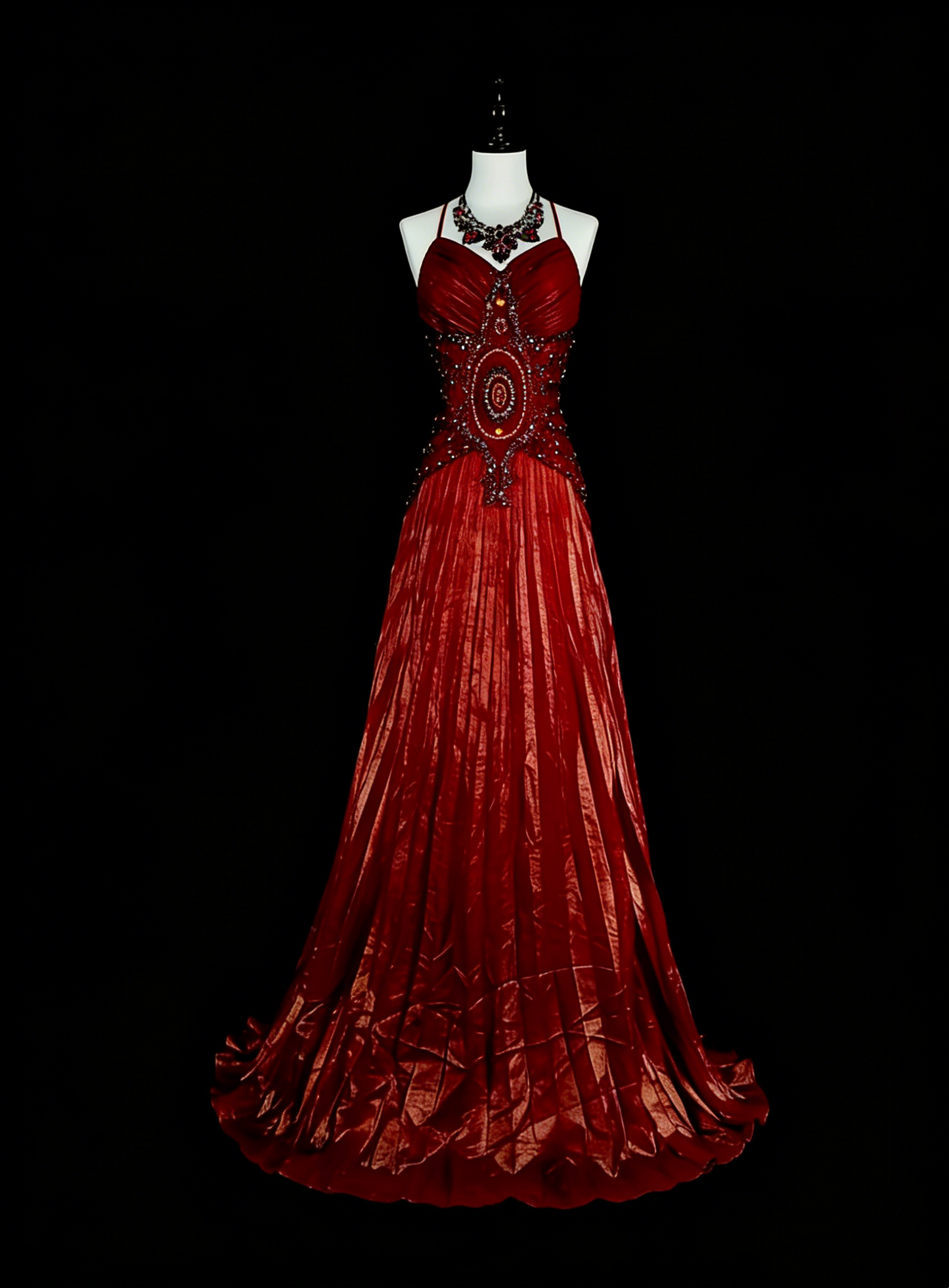 Robes de bal vintage Trapèze Col Haut Bretelles Fines Bordeaux Perlé Années 80 Longue Robe de Soirée N2704