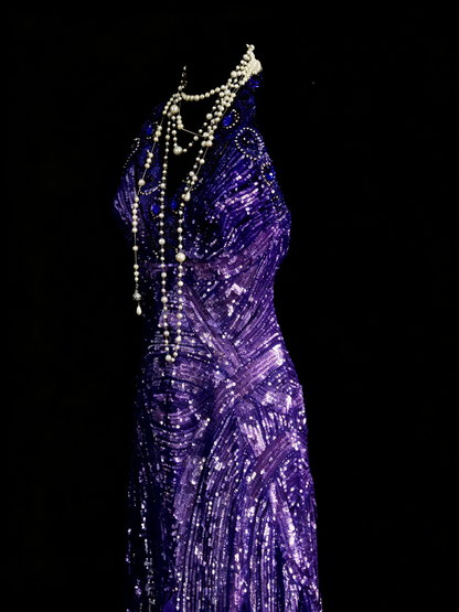 Classy Mermaid Halter Grape Sequin Sleeveless Long Senior Prom dresses High School Formal Dresses N1257