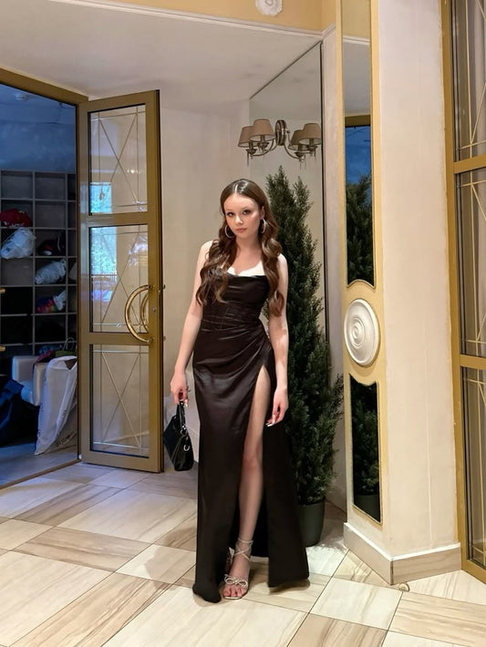 Robe de bal de fin d'année modeste pour lycéennes - Inspiration sirène bustier noire fendue - Robe longue semi-formelle pour adolescentes AB2112