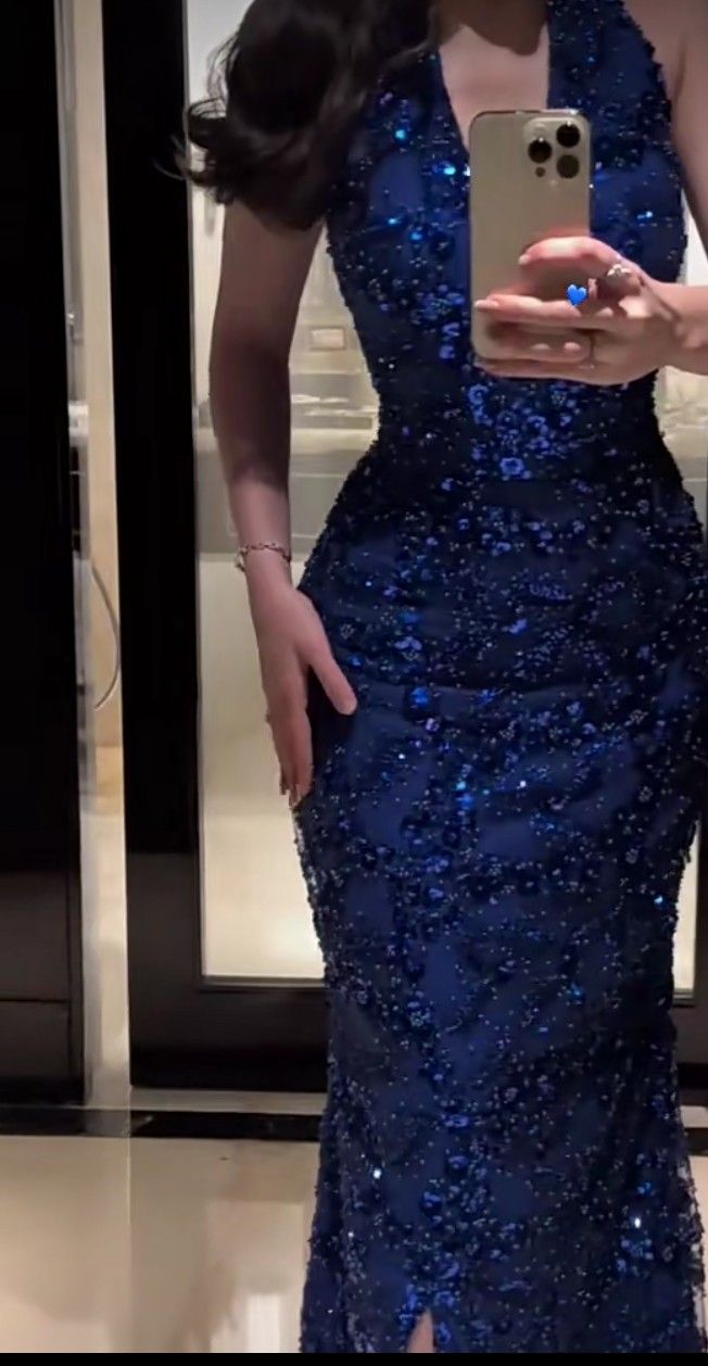 Elegantes, königsblaues, langes Paillettenkleid im Meerjungfrauenstil mit V-Ausschnitt und Schlitz, formelles Partykleid, Ballkleid AB1248