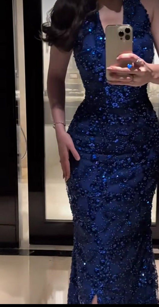Modest Mermaid V Neck Royal Blue With Slit Sequined Long Prom Dresses Formal Party Dress Prom Gown AB1248