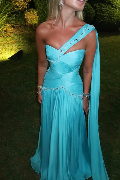 Blue Prom Dresses Inspiration Mermaid One Shoulder Chiffon Pleated Evening Gown Long Gala Party Dress RC1499