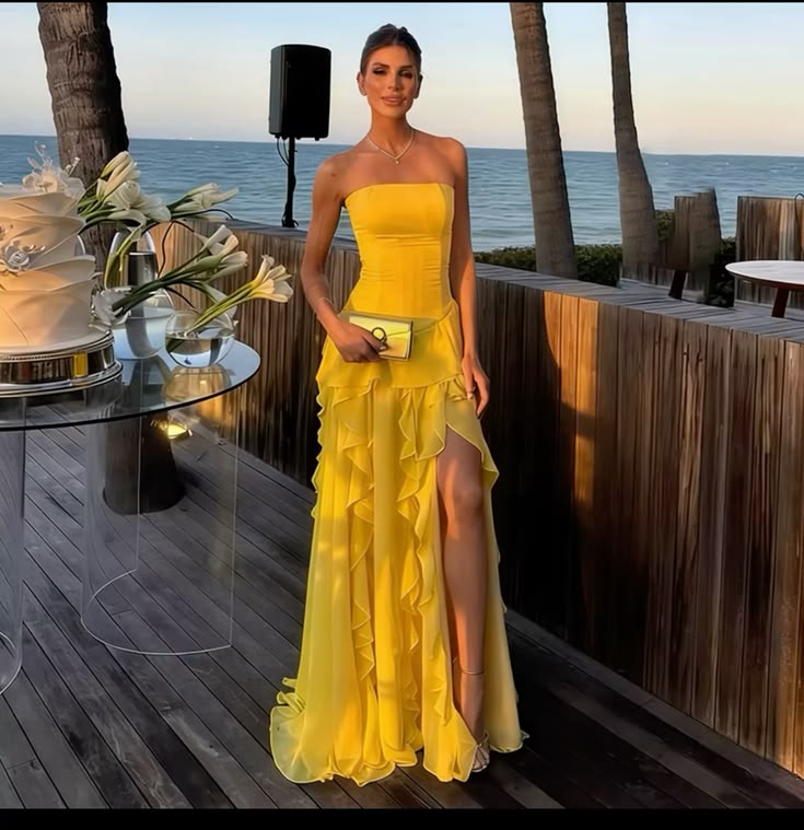 Mermaid Prom Dresses Inspiration Yellow Chiffon Slit Evening Gown Gala Birthday Outfits Formal Dress RC1534