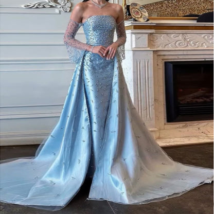 Robe de bal sirène personnalisée, longue jusqu'au sol, sans bretelles, manches longues, robe de soirée simple et élégante, robe de fin d'études N885