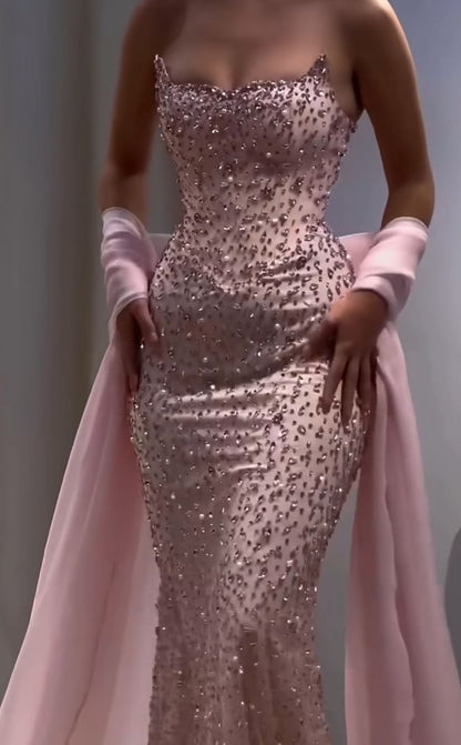 Sparkly Mermaid Strapless Sequin Champagne With Cape Evening Dresses Night Date Prom Dress Party Outfits AB2540
