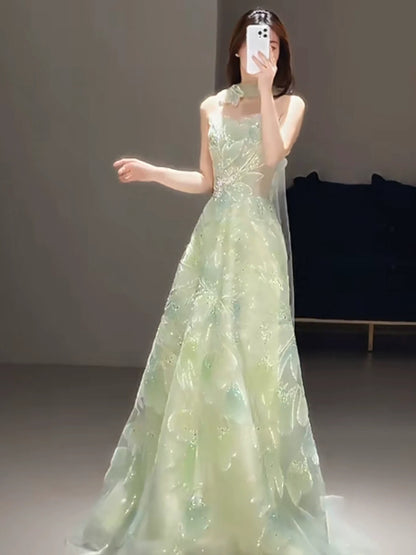 Princess Prom Dresses A line Strapless Green With Scarf Beading Evening Long Formal Dress N4296