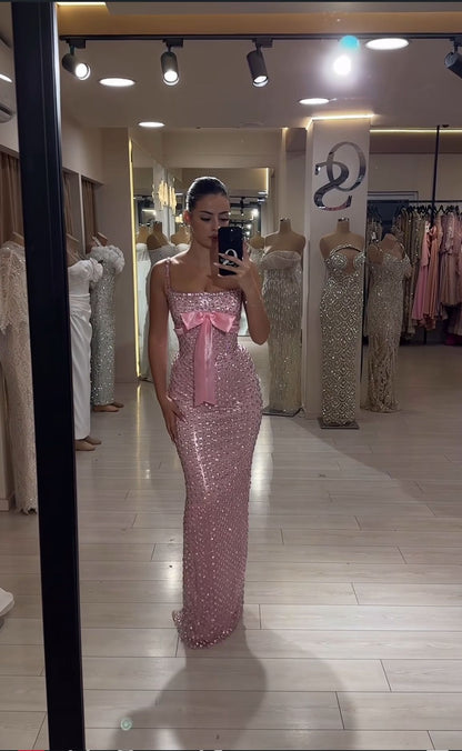 Neu eingetroffen: Elegantes, langes Partykleid in Pink mit Pailletten, Ballkleid, Meerjungfrauen-Stil, figurbetont für Damen N4079