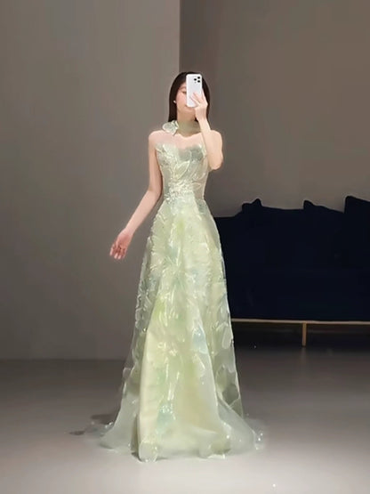 Princess Prom Dresses A line Strapless Green With Scarf Beading Evening Long Formal Dress N4296
