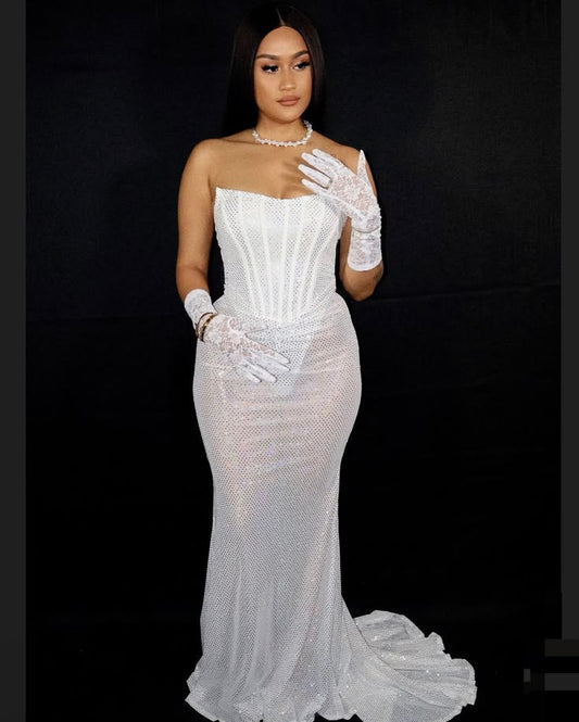 New Women’s Long Prom Dress Mermaid Strapless White Sequin Elegant Formal Graduation Party Gown RC0179