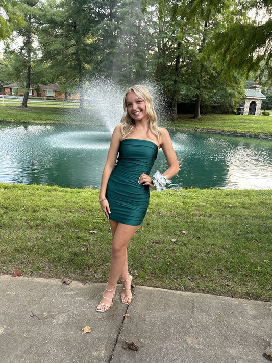 Sexy Sheath Strapless Emerald Green Short Homecoming Dress Senior High School University Ideas Inspo Short Hoco Court Gowns RB7293