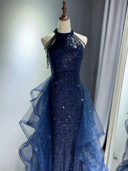 Marineblaues Pailletten-Abendkleid im Meerjungfrauenstil, langes Ballkleid AB680