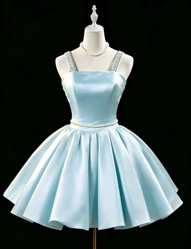 Cute Ball Gown Straps Blue Satin Short Mini High School Ideas Homecoming Dress Inspo Birthday Dresses Senior Graduation Outfits RB7184