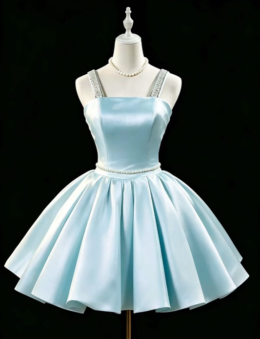 Cute Ball Gown Straps Blue Satin Short Mini High School Ideas Homecoming Dress Inspo Birthday Dresses Senior Graduation Outfits RB7184