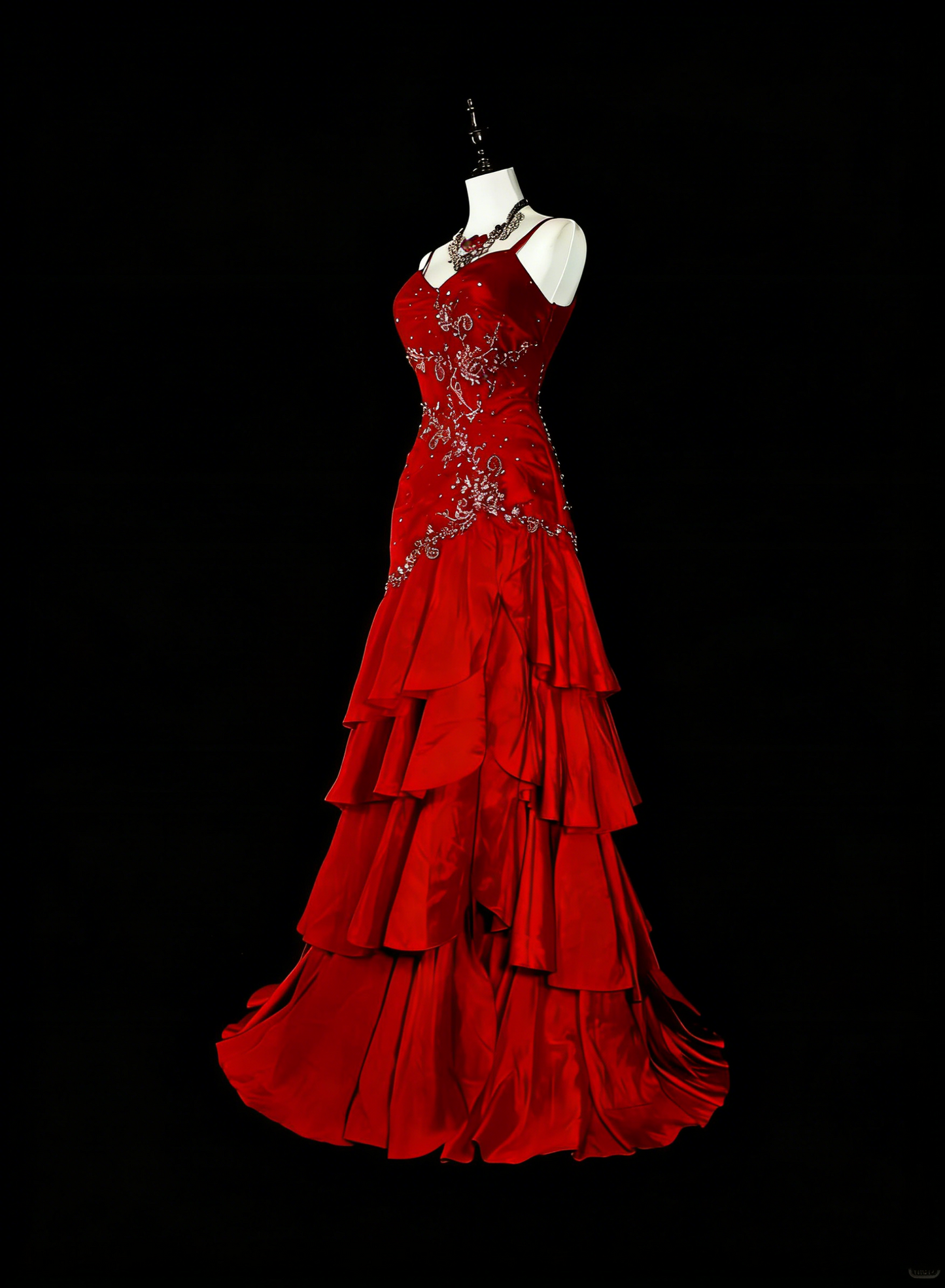 Vintage Meerjungfrauen-Abendkleid aus den 1980er Jahren, rot mit Spaghettiträgern, Applikationen, ärmellos, lang, festlich, N1601