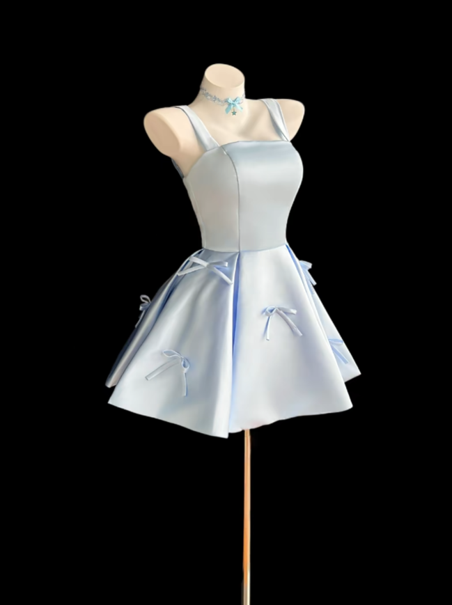 Pretty Ball Gown Square Neck Light Blue Short Mini Party Homecoming Dresses High School Ideas Inspo 17th Birthday Outfits RB7343