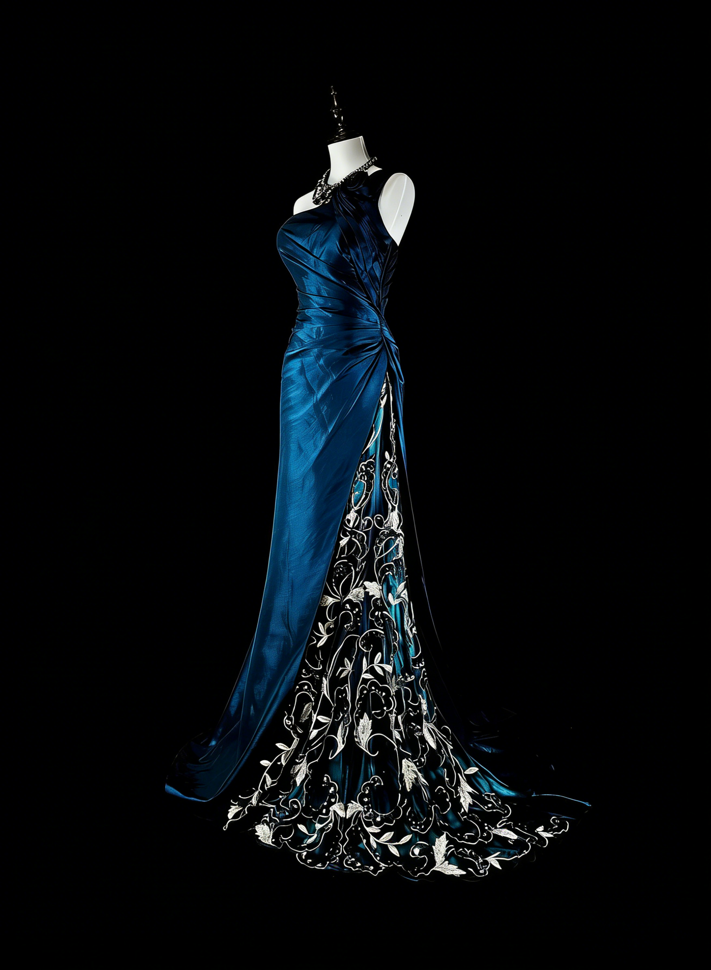 Vintage Ballkleider Meerjungfrau One Shoulder Marineblaues Satin mit Perlen Spitze Langes Partykleid N2371