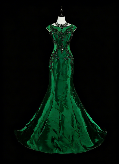 Robes de bal vintage sirène col dégagé vert foncé satiné avec perles robe longue de soirée années 1980 N2705