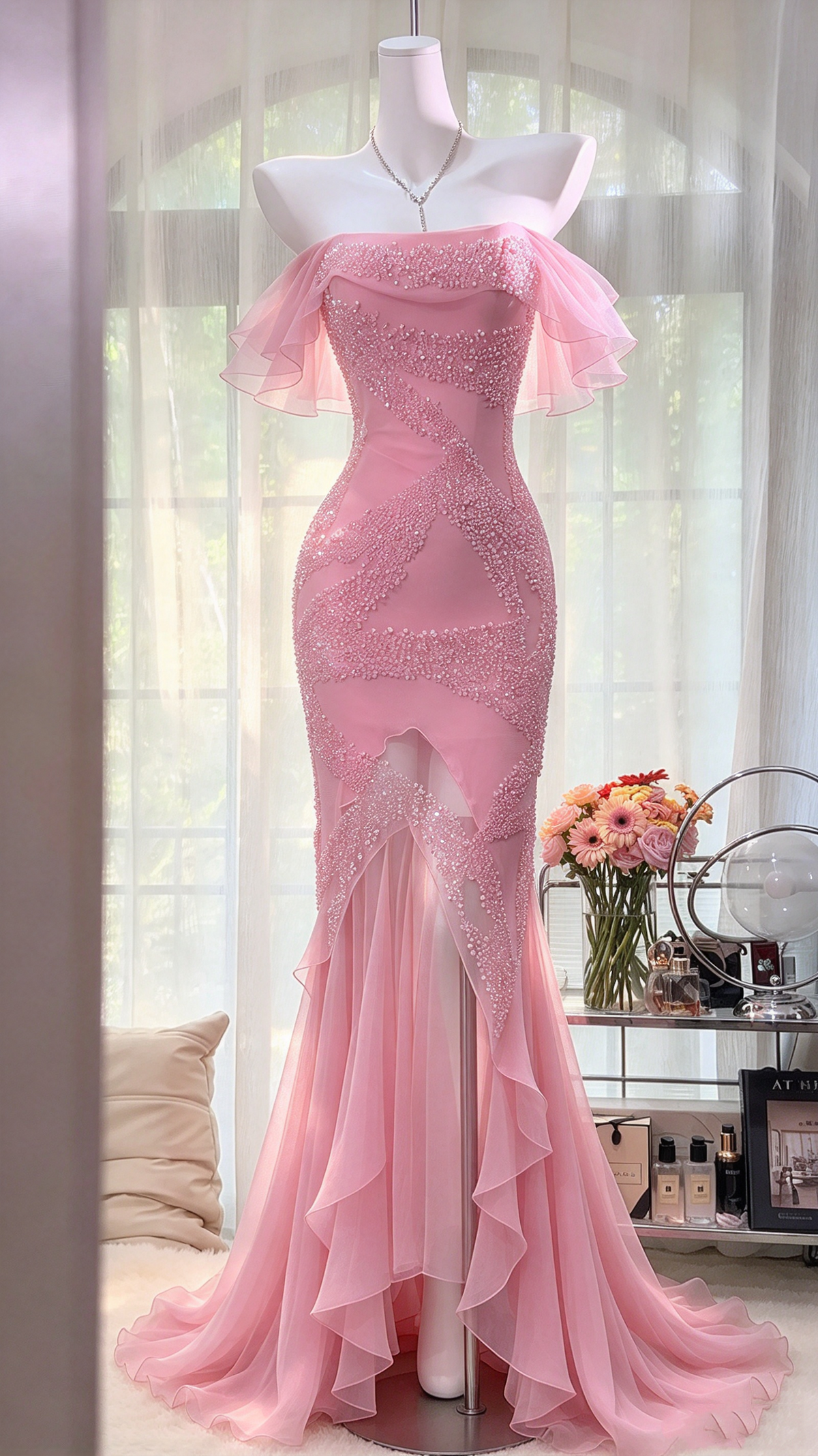 Prom Dresses Inspiration Mermaid Off Shoulder Pink Chiffon With Ruffled Long Formal Party Gown 8th Grade Dress RC1259