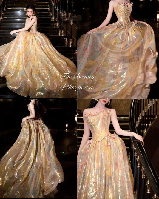 Dezente, trägerlose A-Linien-Ballkleider in Gold mit Blumen, lange Abendkleider für formelle Anlässe RB6543