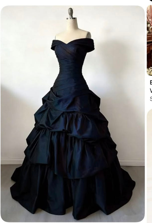 Dreamy Ball Gown Off The Shoulder Navy Blue With Pleated Long Prom Dress Ruffles Evening Party Formal Outfits RB6683