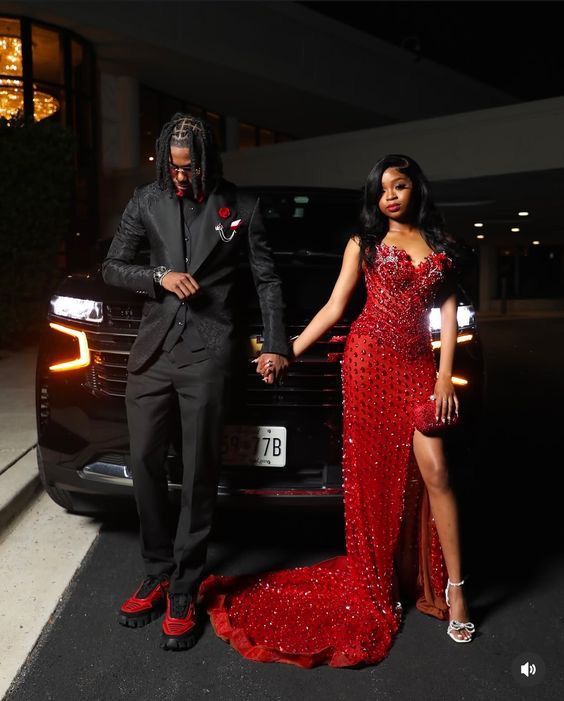 Sparkly Mermaid Sweetheart Red Sequin With Pleated Beads Slit Long Prom Dresses Formal Gown Inspo Evening Outfit With Gloves AB760