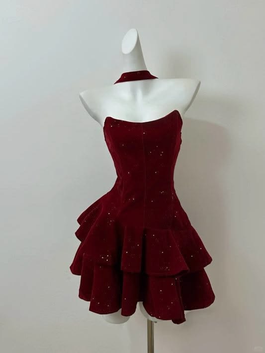 Elegantes Ballkleid Trägerlos Burgund Glitzer Samt Partykleid Kurz Mini 18. Geburtstags Kleider Hoco Outfits RB3501
