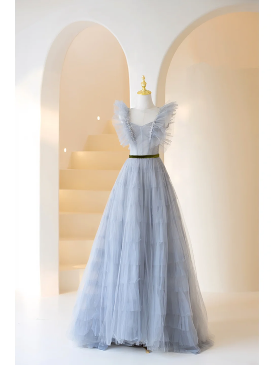 Niedliches Ballkleid mit Herzausschnitt, mehrlagig, aus Tüll, in Altblau, langes Abendkleid – ein echter Hingucker zum 20. Geburtstag – Modell AB904