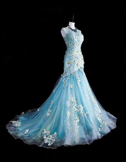 Vintage Prom Dresses Aesthetic Mermaid Light Sky Blue Tulle Lace Classic Inspo Party Dress N2002