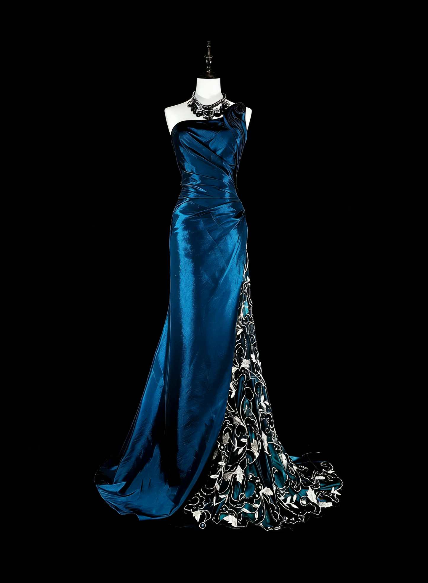 Vintage Ballkleider Meerjungfrau One Shoulder Marineblaues Satin mit Perlen Spitze Langes Partykleid N2371