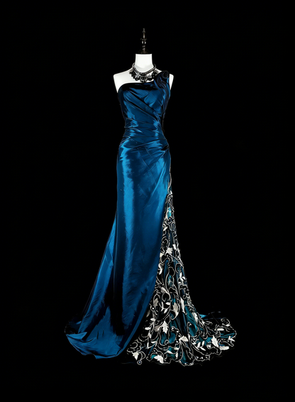 Vintage Ballkleider Meerjungfrau One Shoulder Marineblaues Satin mit Perlen Spitze Langes Partykleid N2371