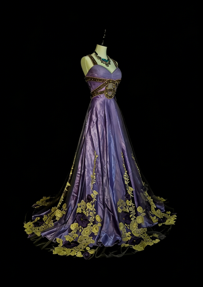 Robe de bal rétro années 70, coupe trapèze, bretelles spaghetti, satin raisin, sans manches, N1487