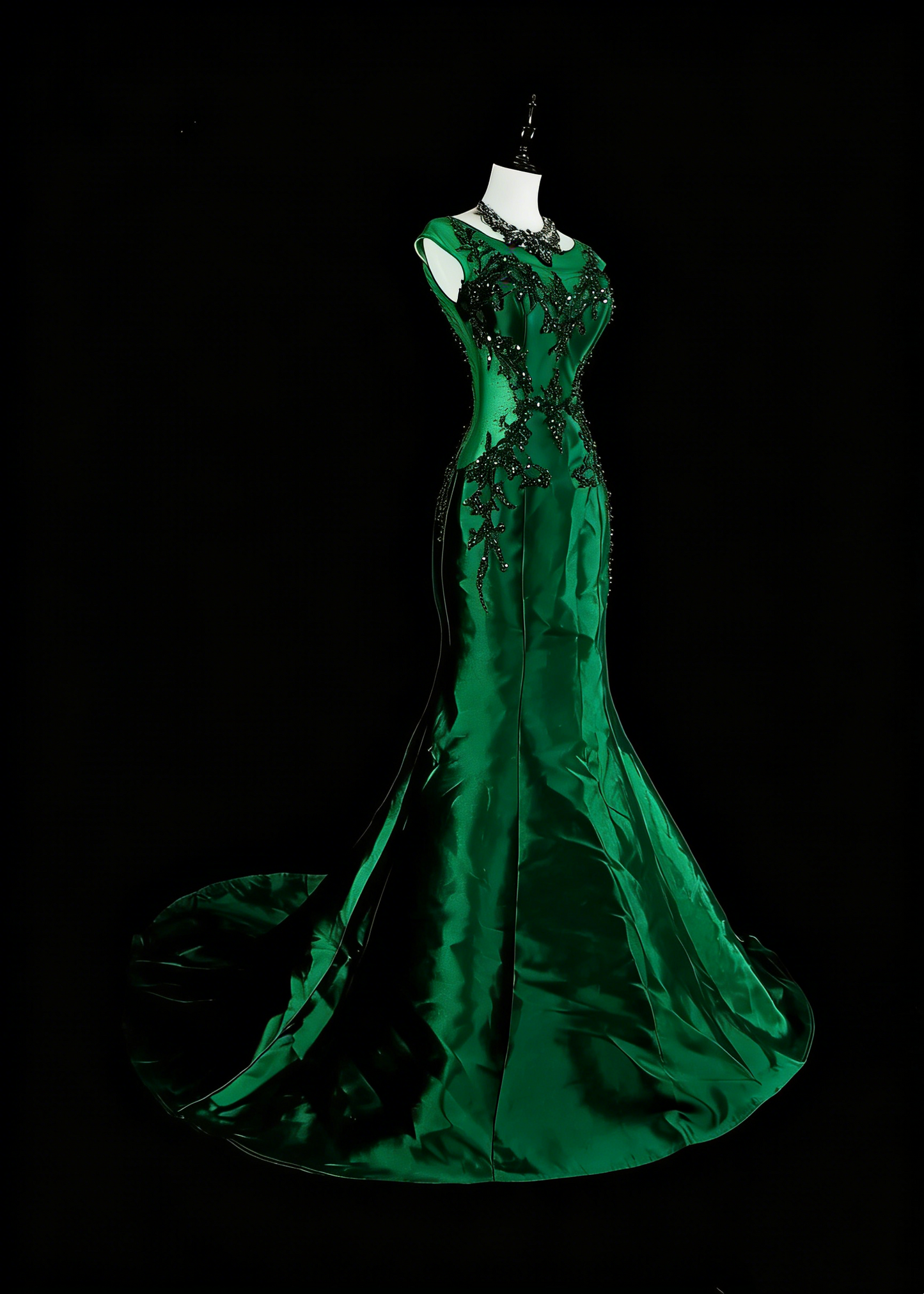 Robes de bal vintage sirène col dégagé vert foncé satiné avec perles robe longue de soirée années 1980 N2705