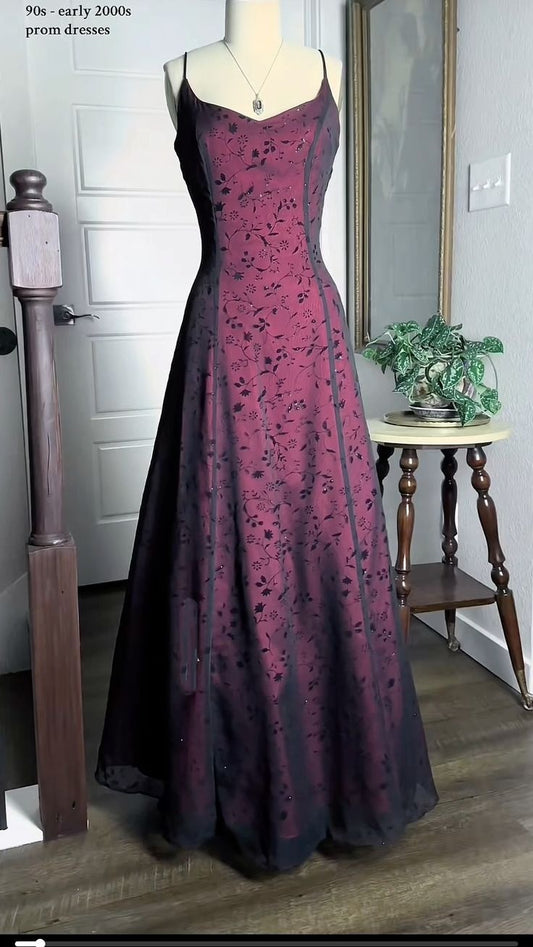 Vintage Prom Dresses A-Linie Spaghettiträger Burgund 2000er Jahre Lang 90er Abendkleid Formelles Kleid RB3337