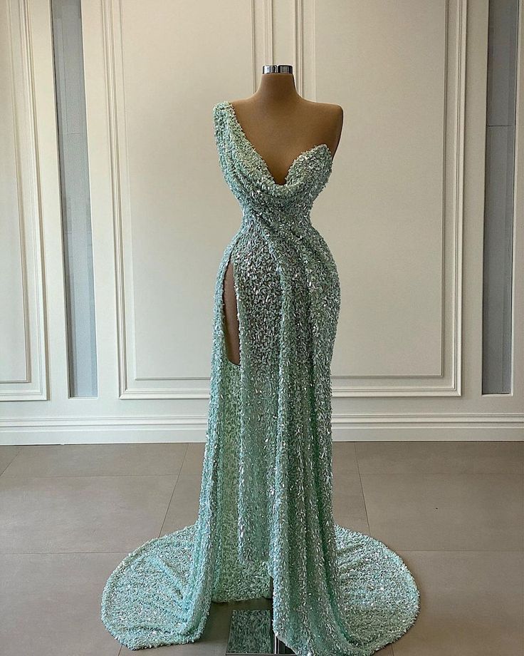 Elegantes Meerjungfrauen-Abendkleid mit One-Shoulder-Schnitt, bodenlang, mintgrün, Pailletten, Beinschlitz, AB761