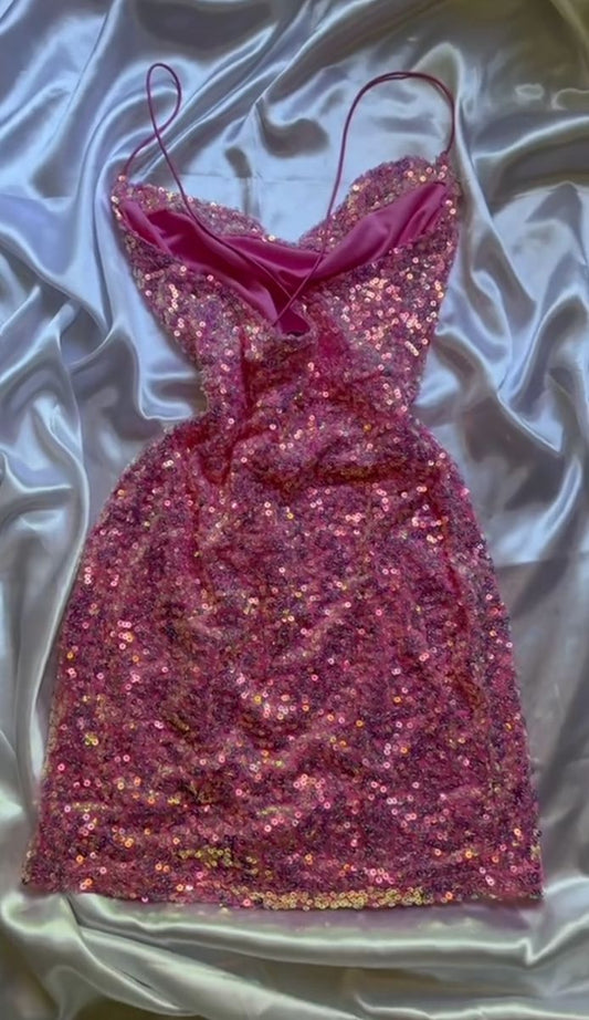 Sparkly Sheath Spaghetti Strap Pink Sequin Graduation Gown Mini Senior Inspo Short Homecoming Dress RB3139