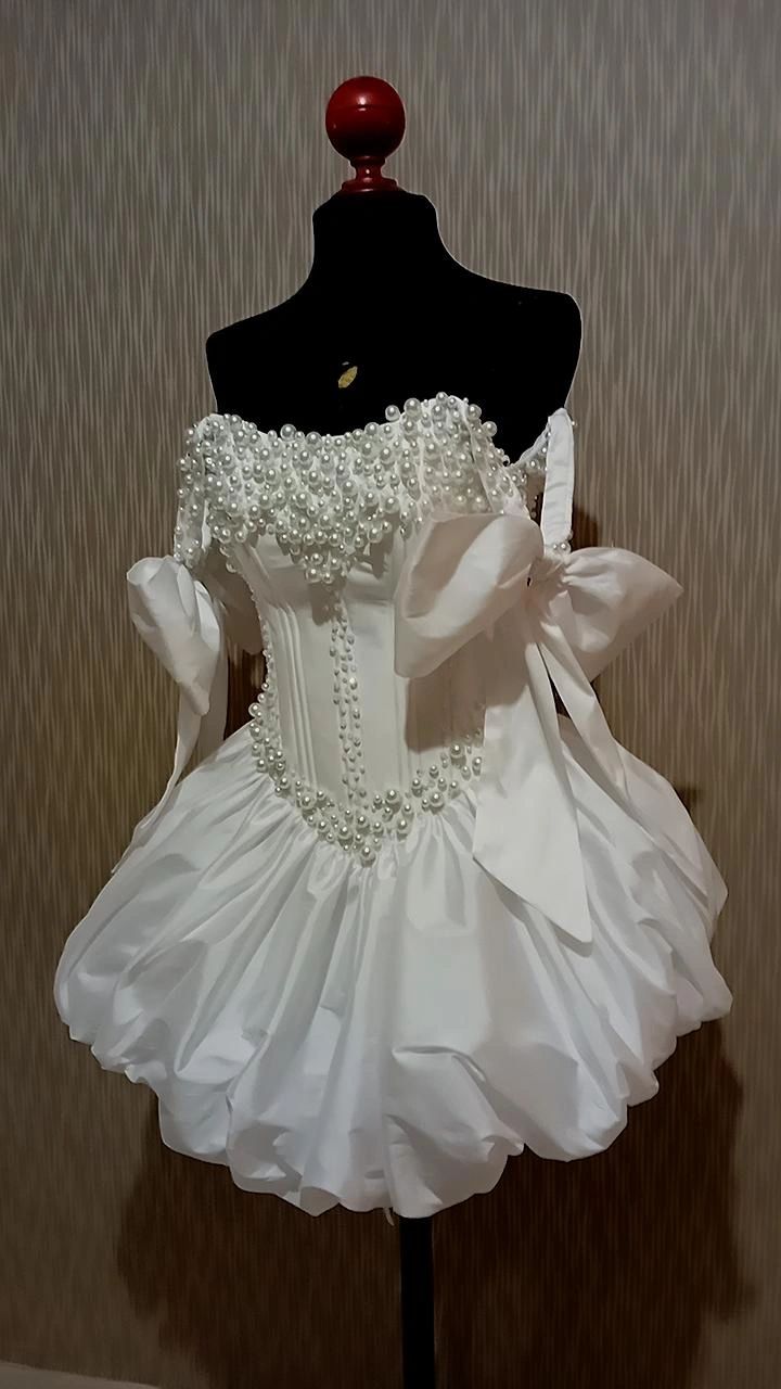 Unique Ball Gown Straps With Bow White Short Pearls Homecoming Dress Mini Cocktail Party Dresses RB6834