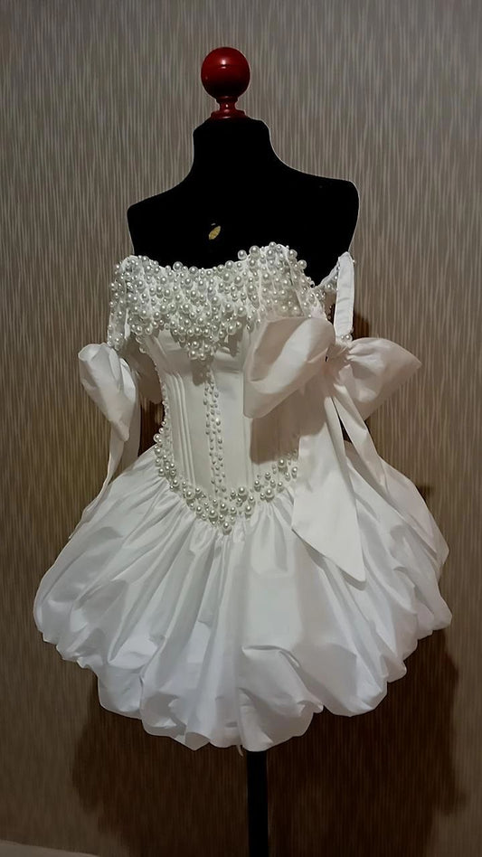 Unique Ball Gown Straps With Bow White Short Pearls Homecoming Dress Mini Cocktail Party Dresses RB6834
