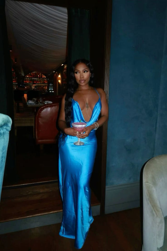 Sexy Meerjungfrau Spaghettiträger Königsblau Satin Abendkleid Lange Abschlussballkleider N2678