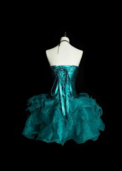 Robe de bal unique à décolleté cœur en tulle vert foncé, inspiration années 2000, robes de bal courtes, inspiration robes de soirée N1362