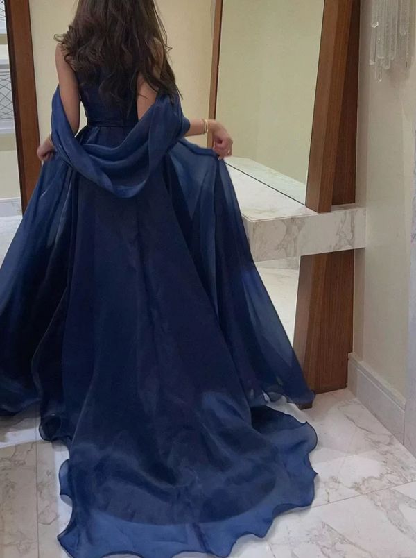 Robe de soirée longue en organza bleu marine, coupe trapèze, AB696