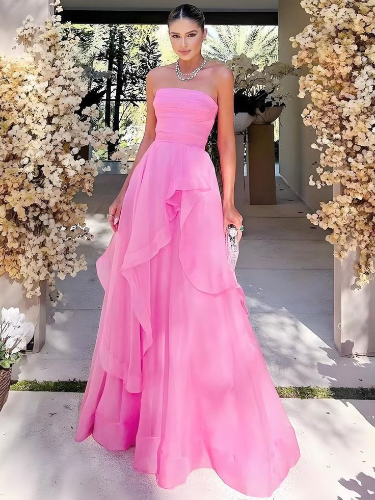 Wunderschönes, trägerloses, pinkfarbenes A-Linien-Abendkleid aus Organza, Modell AB397