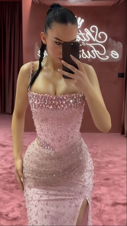 Two Pieces Pink Beaded Bodycon Party Dress Long Prom Dresses AB1545