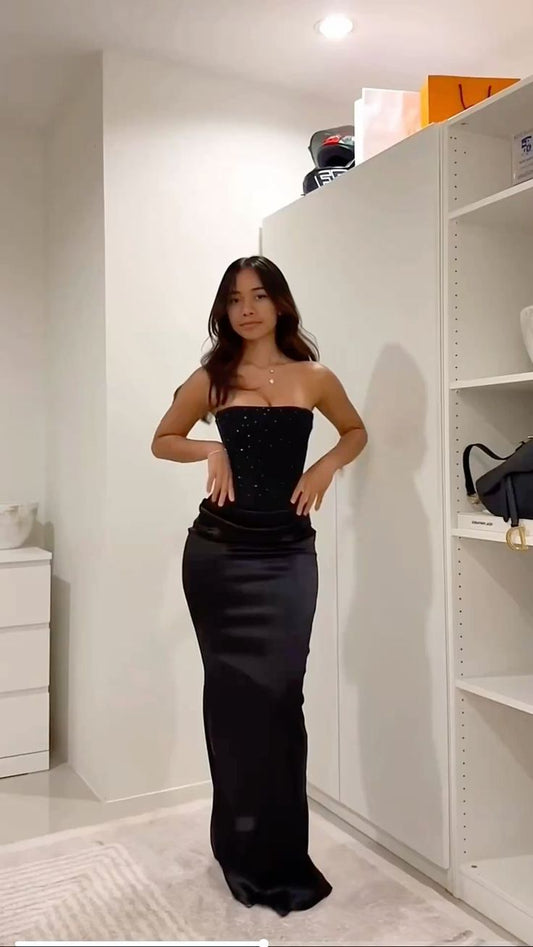 Black Prom Dress Long Floor Length Mermaid Strapless Satin Formal Evening Gown For Women RC0216