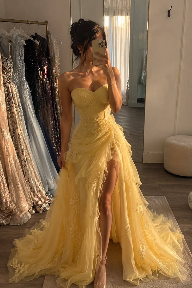 Elegant Ball Gown Sweetheart Yellow Lace With Ruffles Perfection-Formal Goals Nigh Evening Long Prom Dress Party Outfits RB6734