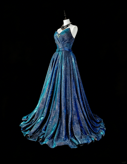 Robe de bal vintage bleu marine à sequins, décolleté cœur, années 70, longue, idéale pour les soirées (N1832)