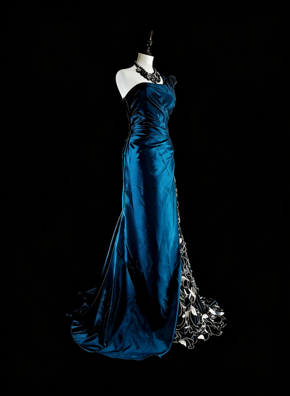 Vintage Ballkleider Meerjungfrau One Shoulder Marineblaues Satin mit Perlen Spitze Langes Partykleid N2371