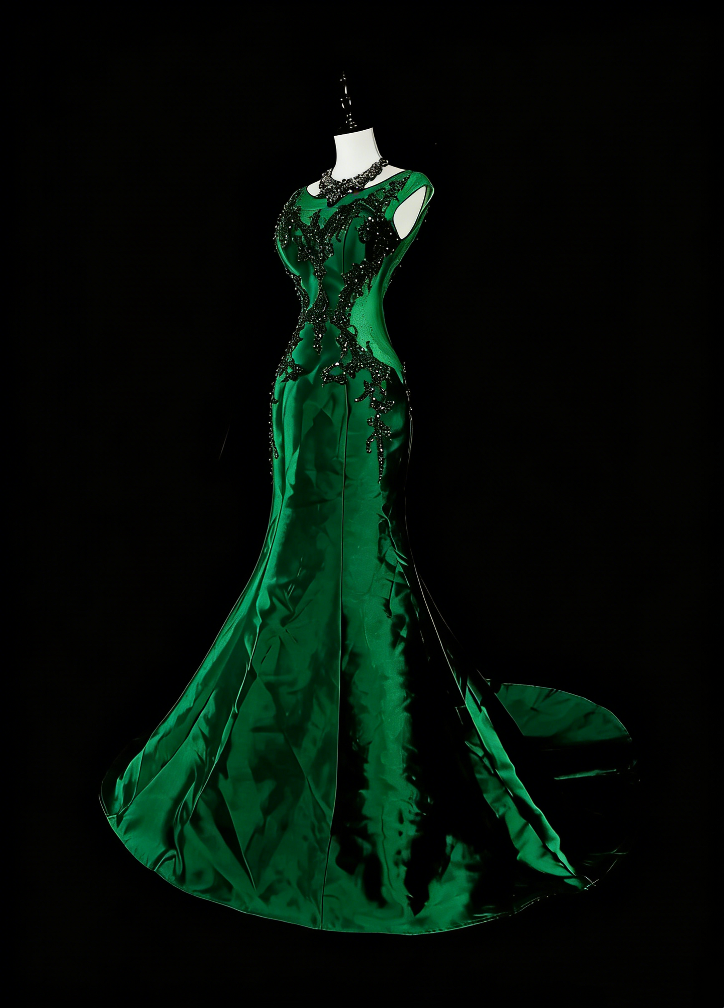 Robes de bal vintage sirène col dégagé vert foncé satiné avec perles robe longue de soirée années 1980 N2705